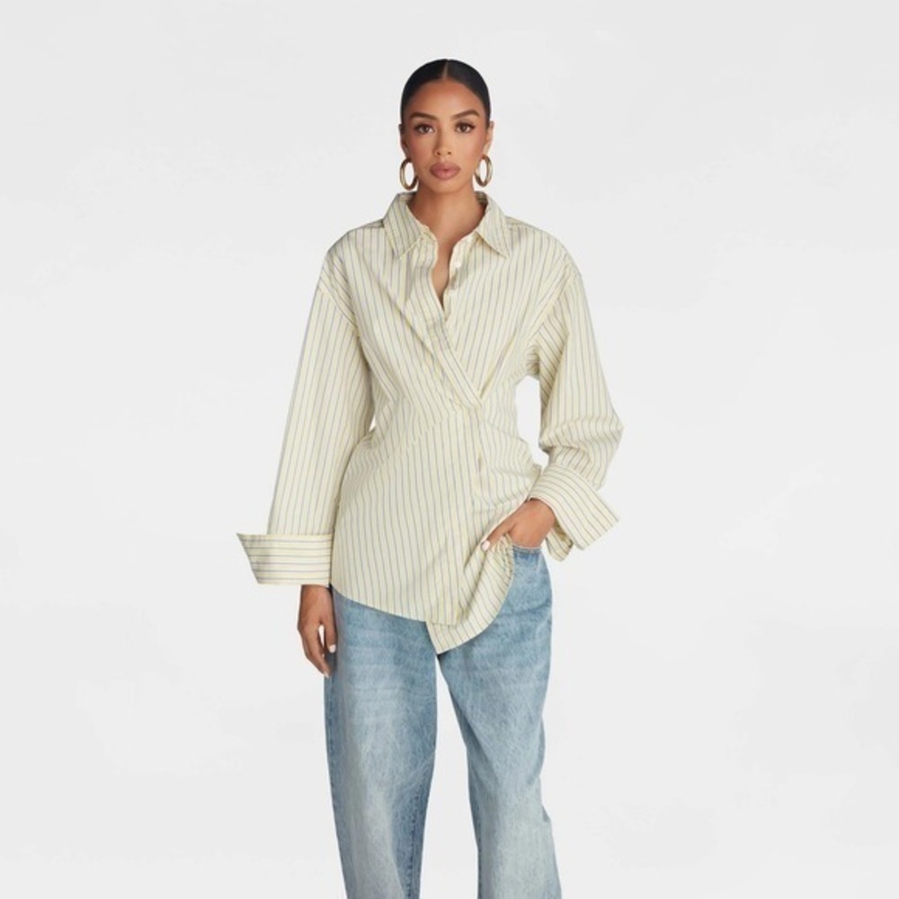 KBB KAHLANA Target L Large Long Sleeve Button-Down The Wrap Shirt Yellow Stripe